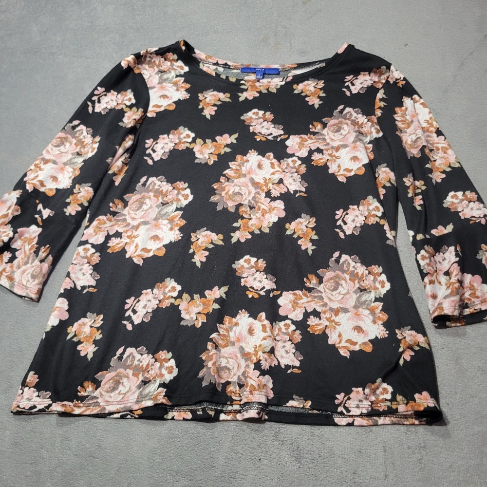 Apt 9 Top Women Large Black Pink Floral 3/4 Bell Sleeve Knit Scoop Neck 11749